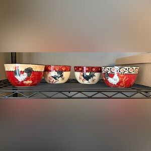 Rooster Ceramic Serving Bowls in Red and Cream (Set of 4)